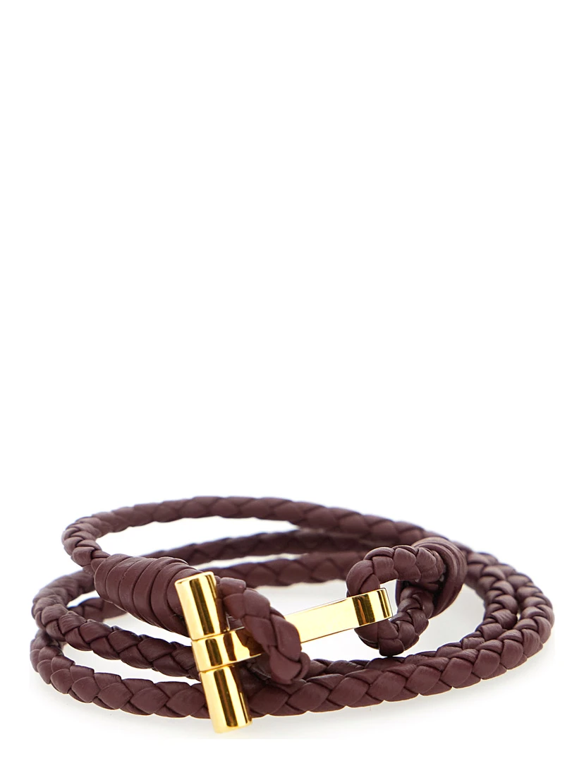 Bordeaux Bracelet with Intrecciato Motif in Leather and Brass Woman