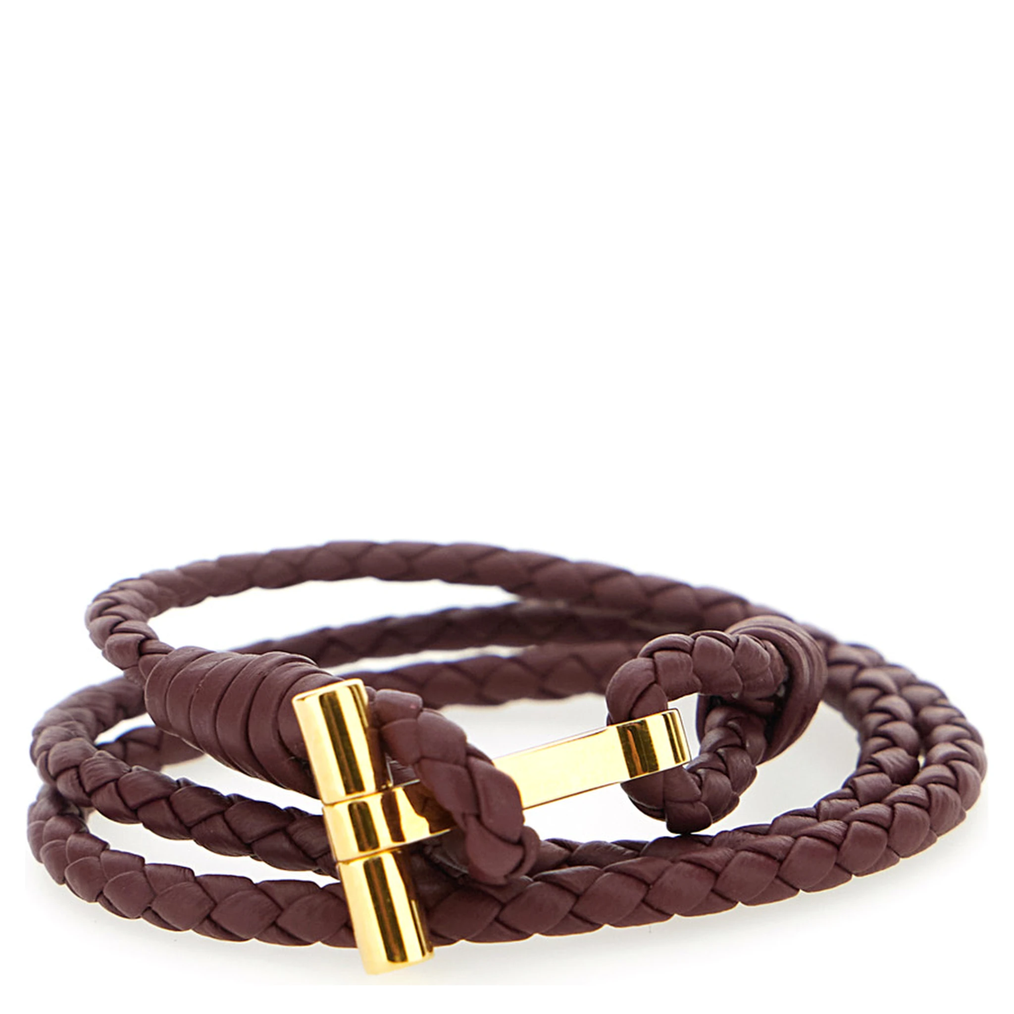 Bordeaux Bracelet with Intrecciato Motif in Leather and Brass Woman