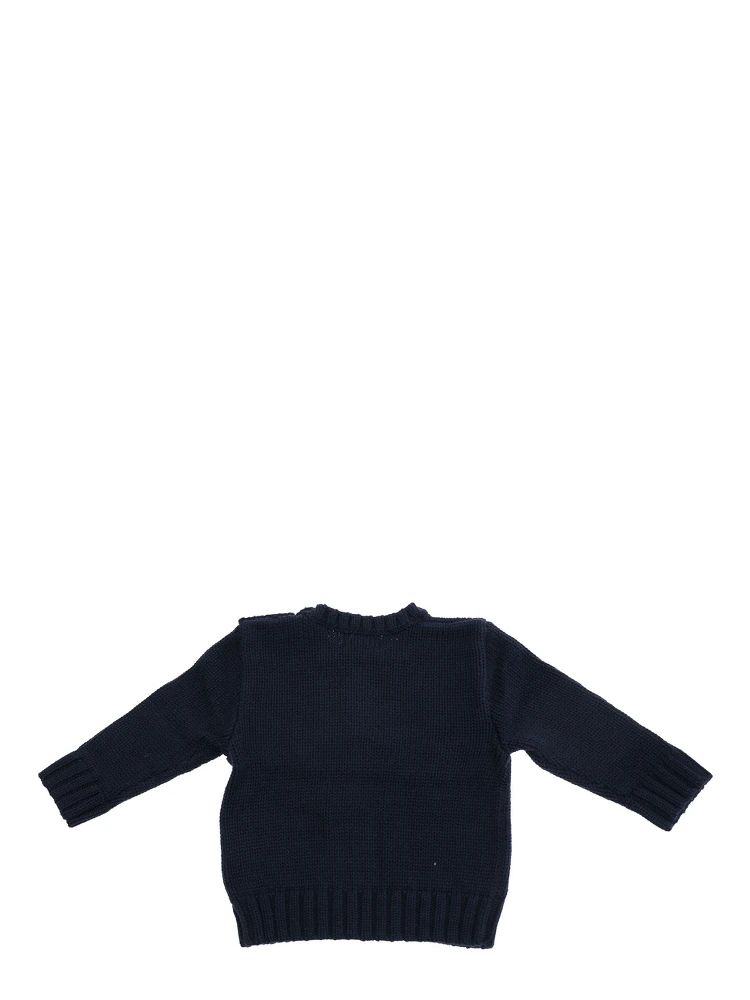 Blue Crewneck Sweater with Embroidery on the Front and Button Closure on the Sleeve in Cotton Baby alternative