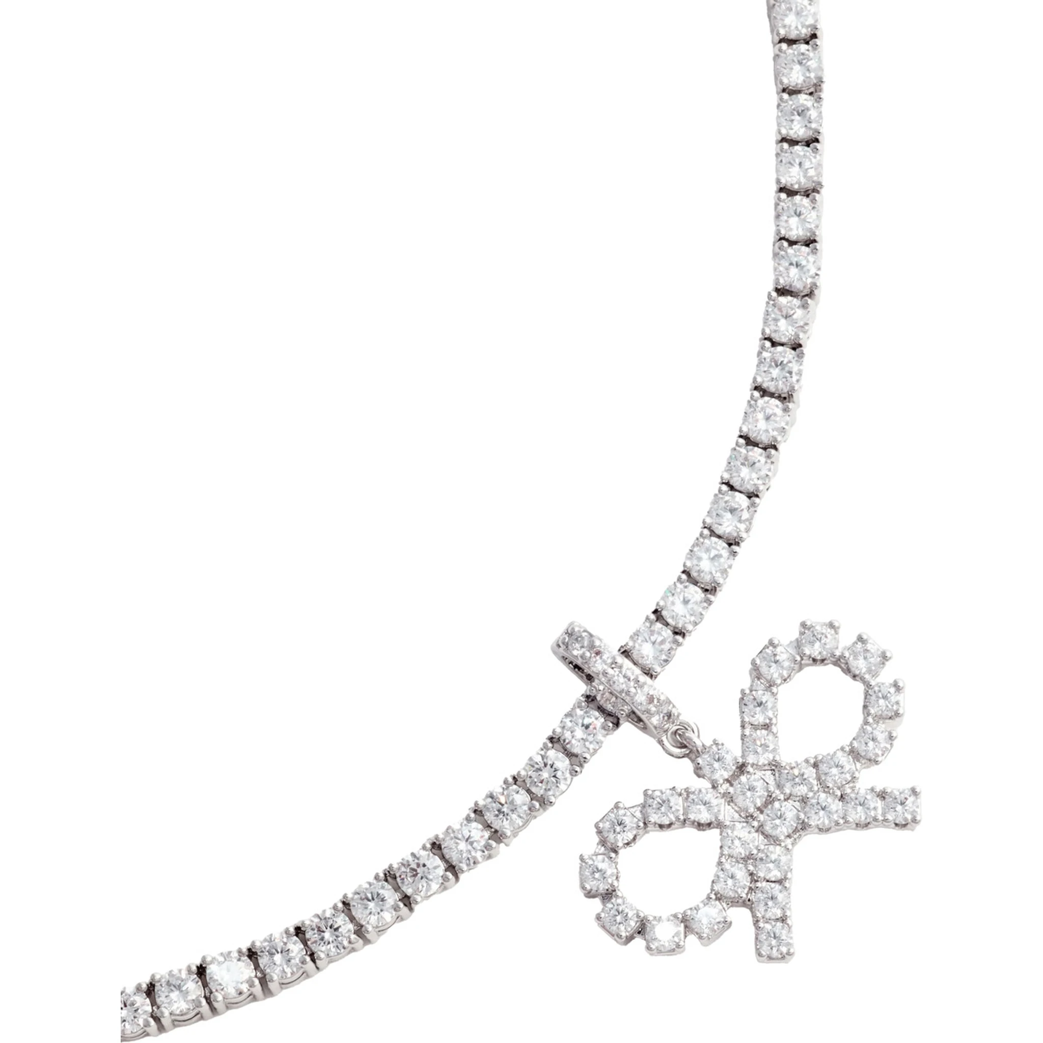 Metallic Tennis Necklace with Bow Charm and Crystal Embellishments in Brass Woman