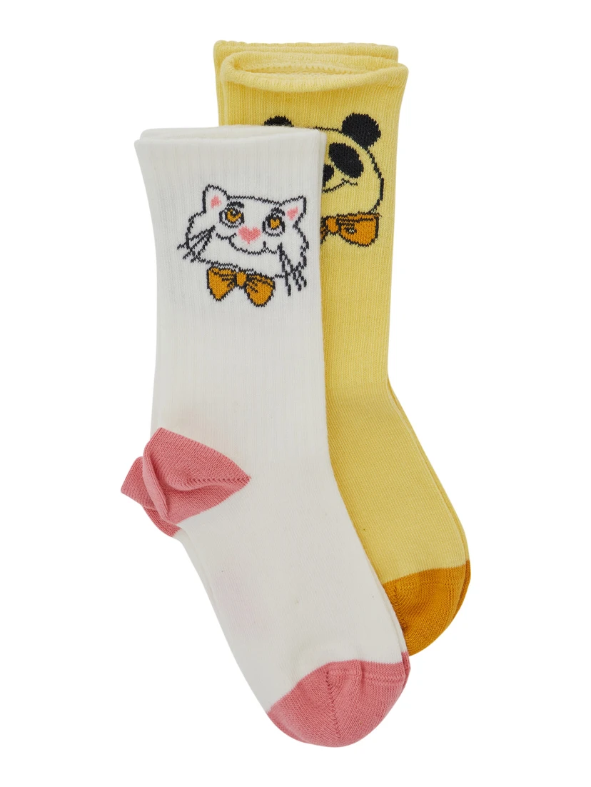 Multicolor Set of Socks with Cat and Panda Embroidery in Cotton Girl