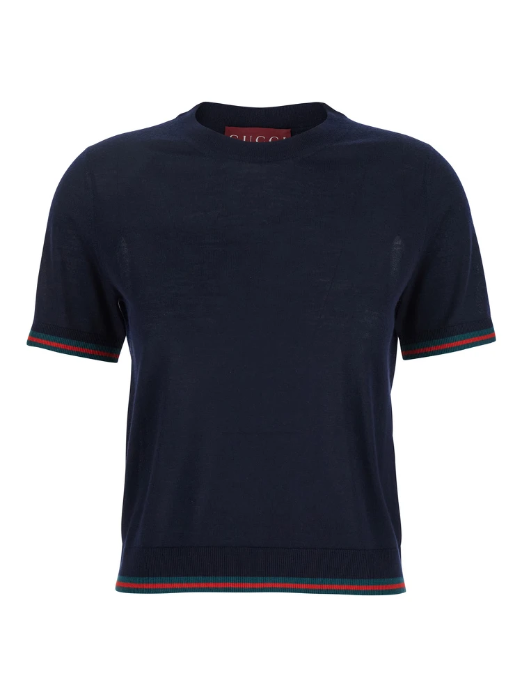 Blue T-Shirt with Web Detail on the Edges in Cashmere and Silk Blend Woman