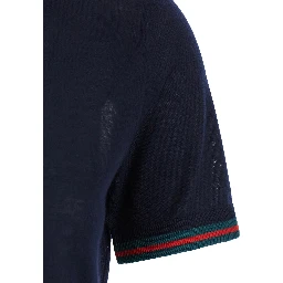 Blue T-Shirt with Web Detail on the Edges in Cashmere and Silk Blend Woman