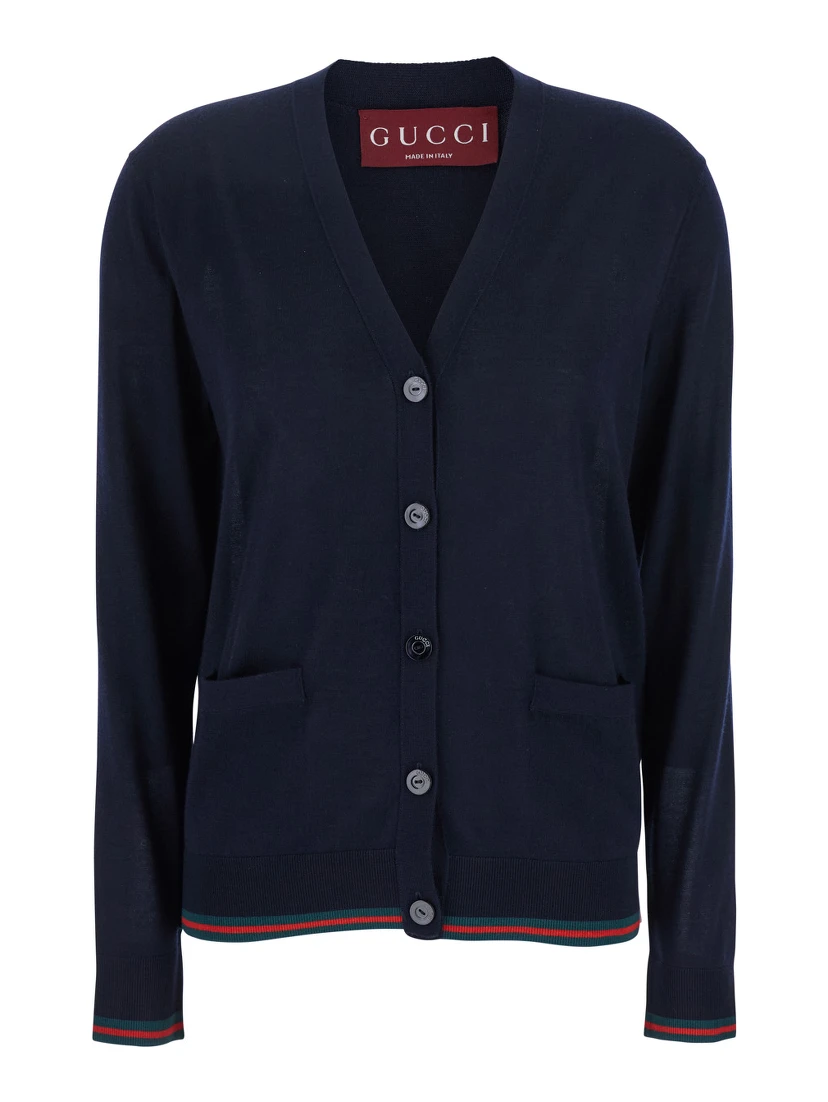 Blue Cardigan with Web Detail on the Edges in Cashmere and Silk Blend Woman