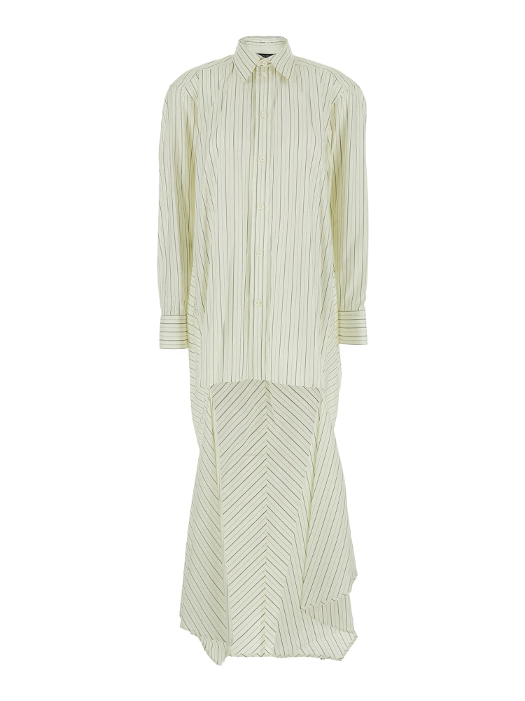 White Dress with Classic Collar and All-Over Striped Motif in Cotton Woman