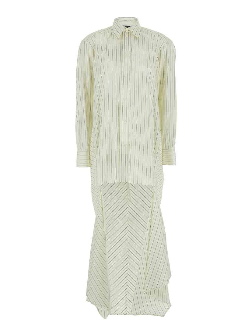 White Dress with Classic Collar and All-Over Striped Motif in Cotton Woman