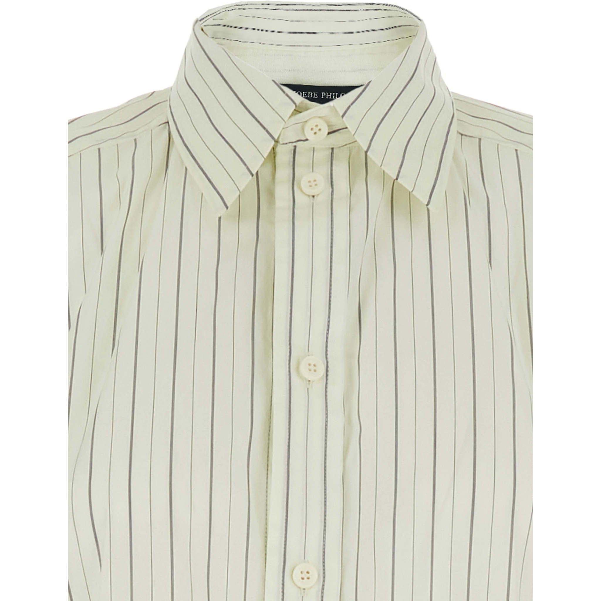 White Dress with Classic Collar and All-Over Striped Motif in Cotton Woman
