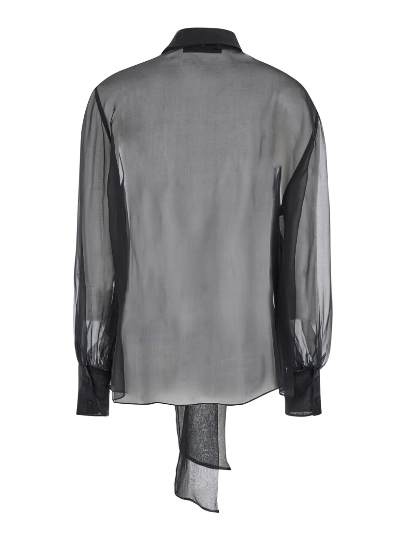 Black Shirt with Classic Collar and Neck Scarf in SIlk Woman