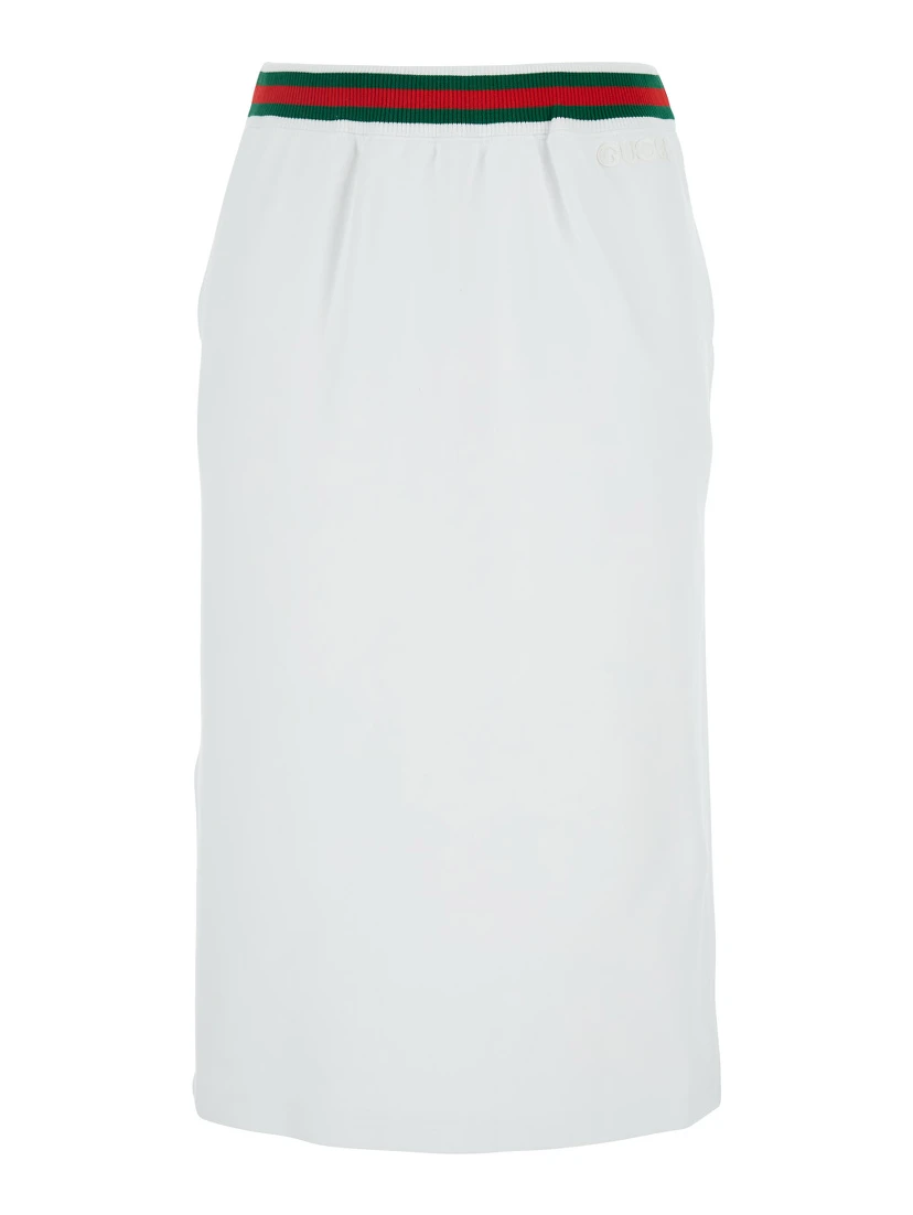 White Skirt with Web Detail on the Waist and Logo Lettering Embroidery on the Front in Cotton Woman