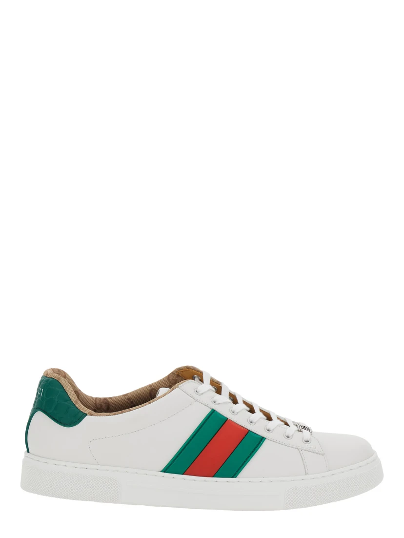 Ace White Sneaker with Web Detail on the Side and Tag on the Front in Leather Man