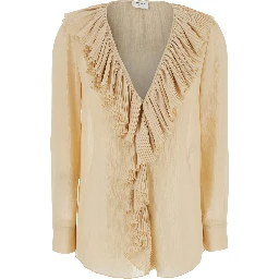 Beige Blouse with V Neck and Ruffles on Front and Rear in Silk Woman