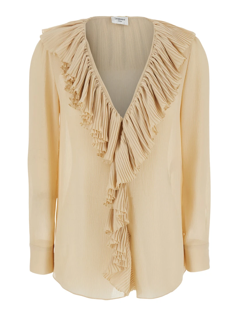 Beige Blouse with V Neck and Ruffles on Front and Rear in Silk Woman