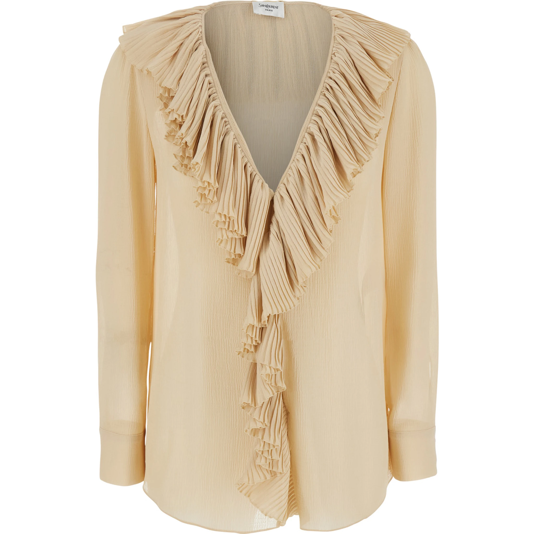 Beige Blouse with V Neck and Ruffles on Front and Rear in Silk Woman