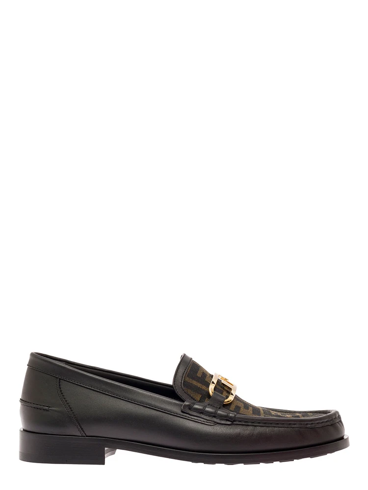 Black Loafers with FF Logo Plaque and All-Over FF Motif in Leather Man