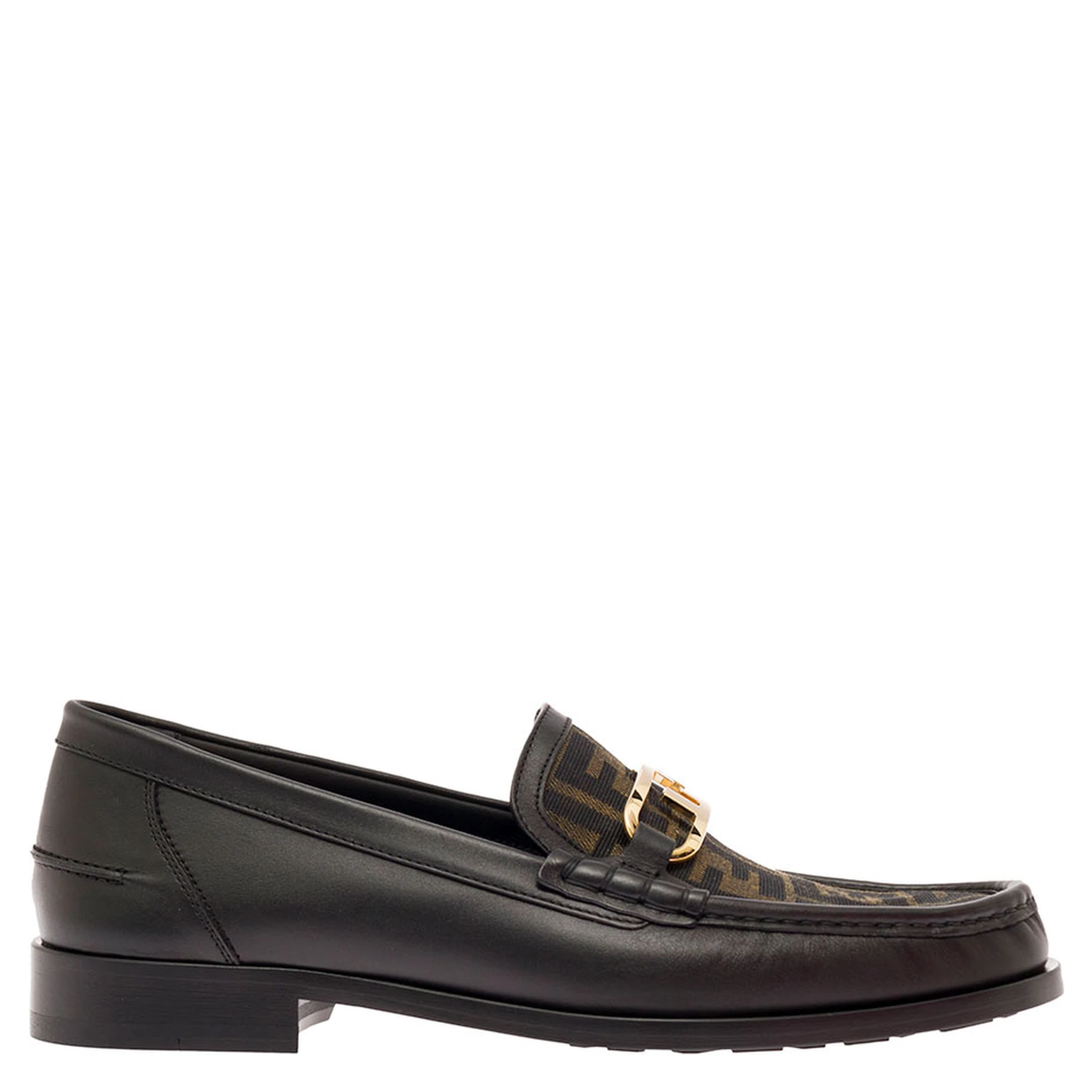 Black Loafers with FF Logo Plaque and All-Over FF Motif in Leather Man