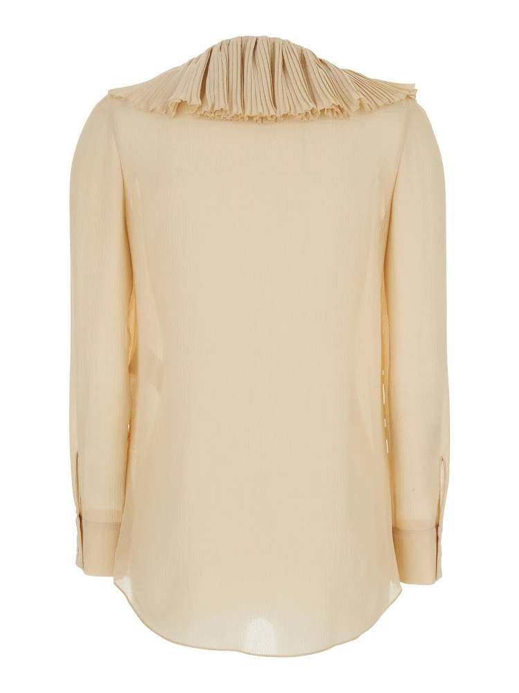 Beige Blouse with V Neck and Ruffles on Front and Rear in Silk Woman alternative