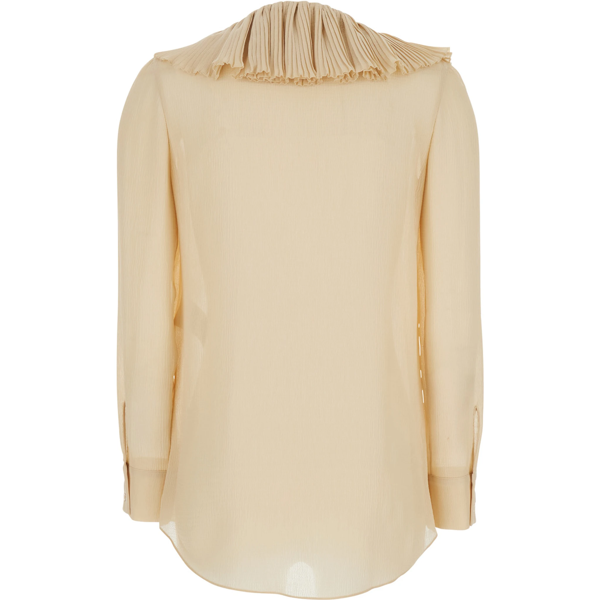 Beige Blouse with V Neck and Ruffles on Front and Rear in Silk Woman
