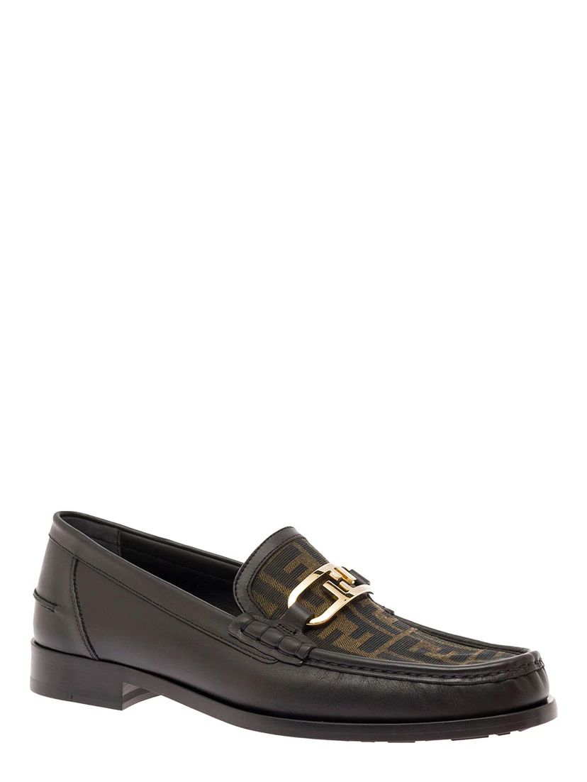 Black Loafers with FF Logo Plaque and All-Over FF Motif in Leather Man