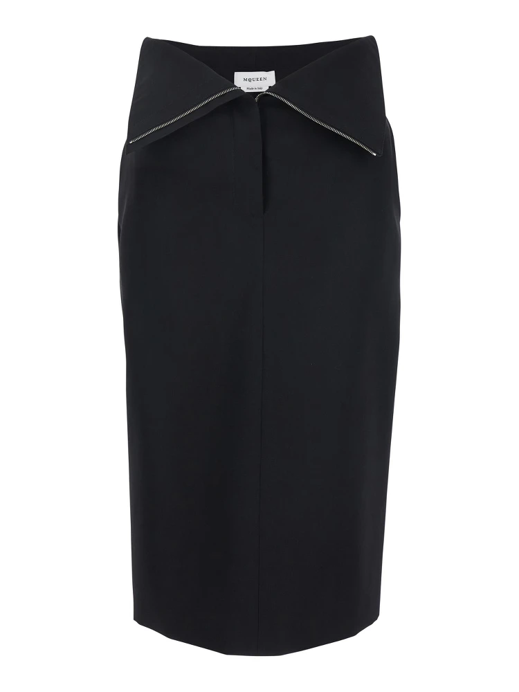 Black Skirt with Foldover Waist and Rear Single Slit in Wool Woman