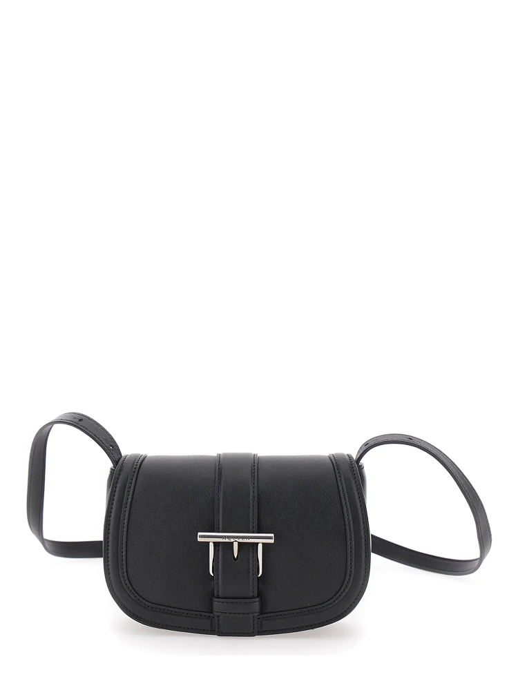 Satchel Mini Black Crossbody Bag with T-Buckle and Embossed Logo in Leather Woman