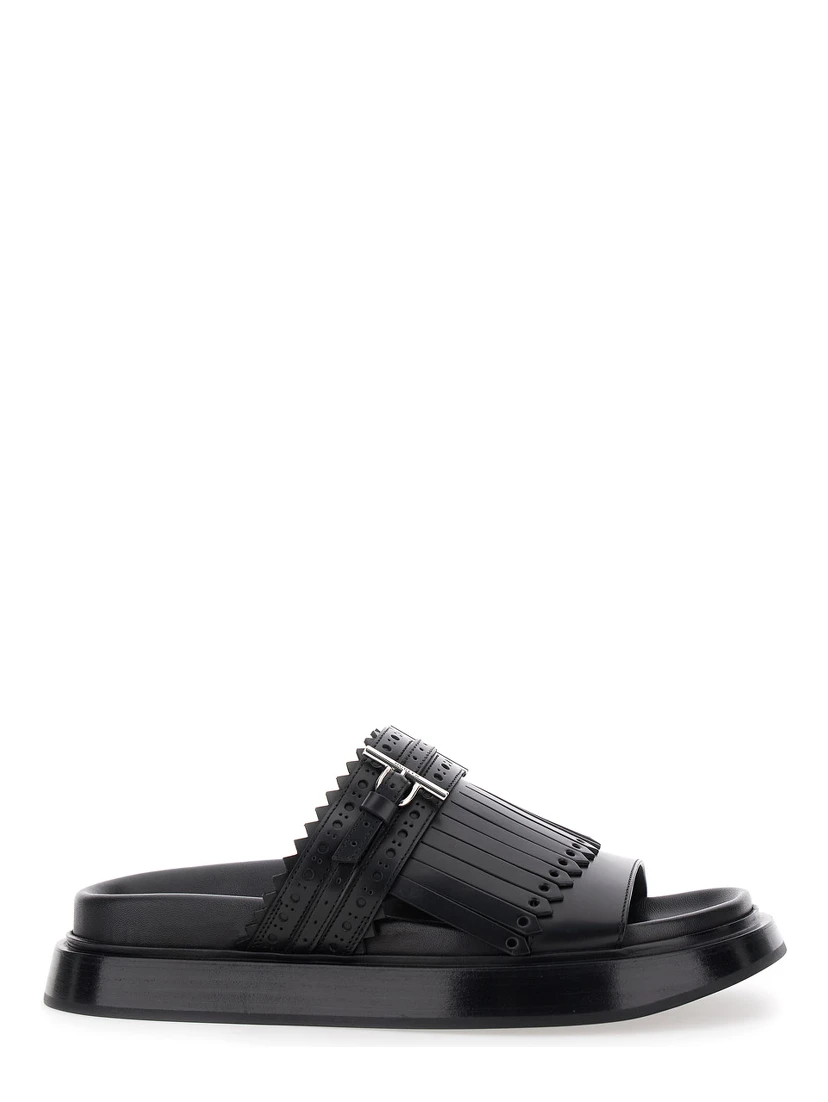 Black Sandals with Brogue T-Buckle Decorative Strap in Leather Woman