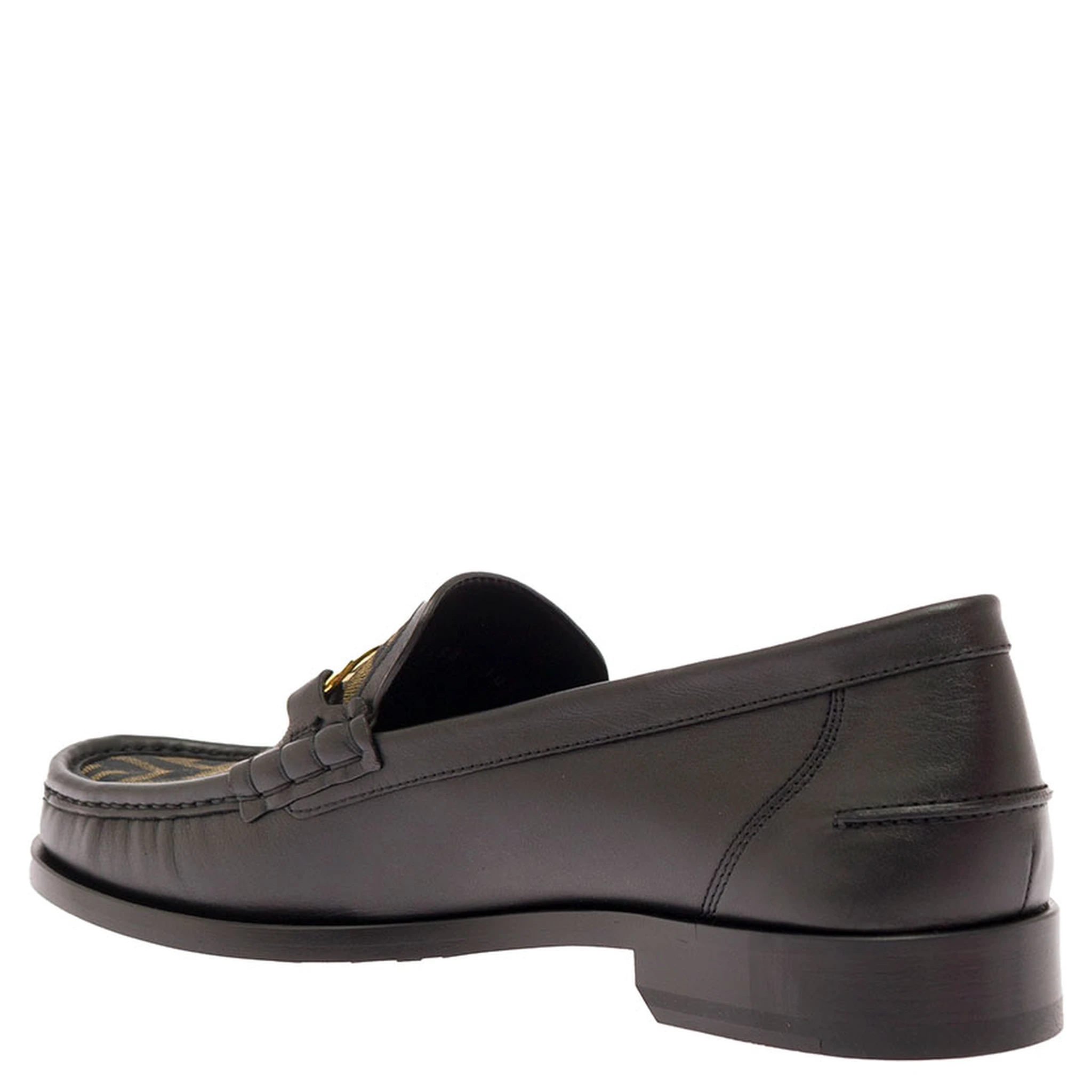 Black Loafers with FF Logo Plaque and All-Over FF Motif in Leather Man