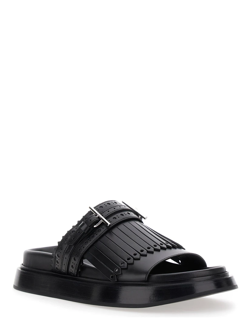 Black Sandals with Brogue T-Buckle Decorative Strap in Leather Woman