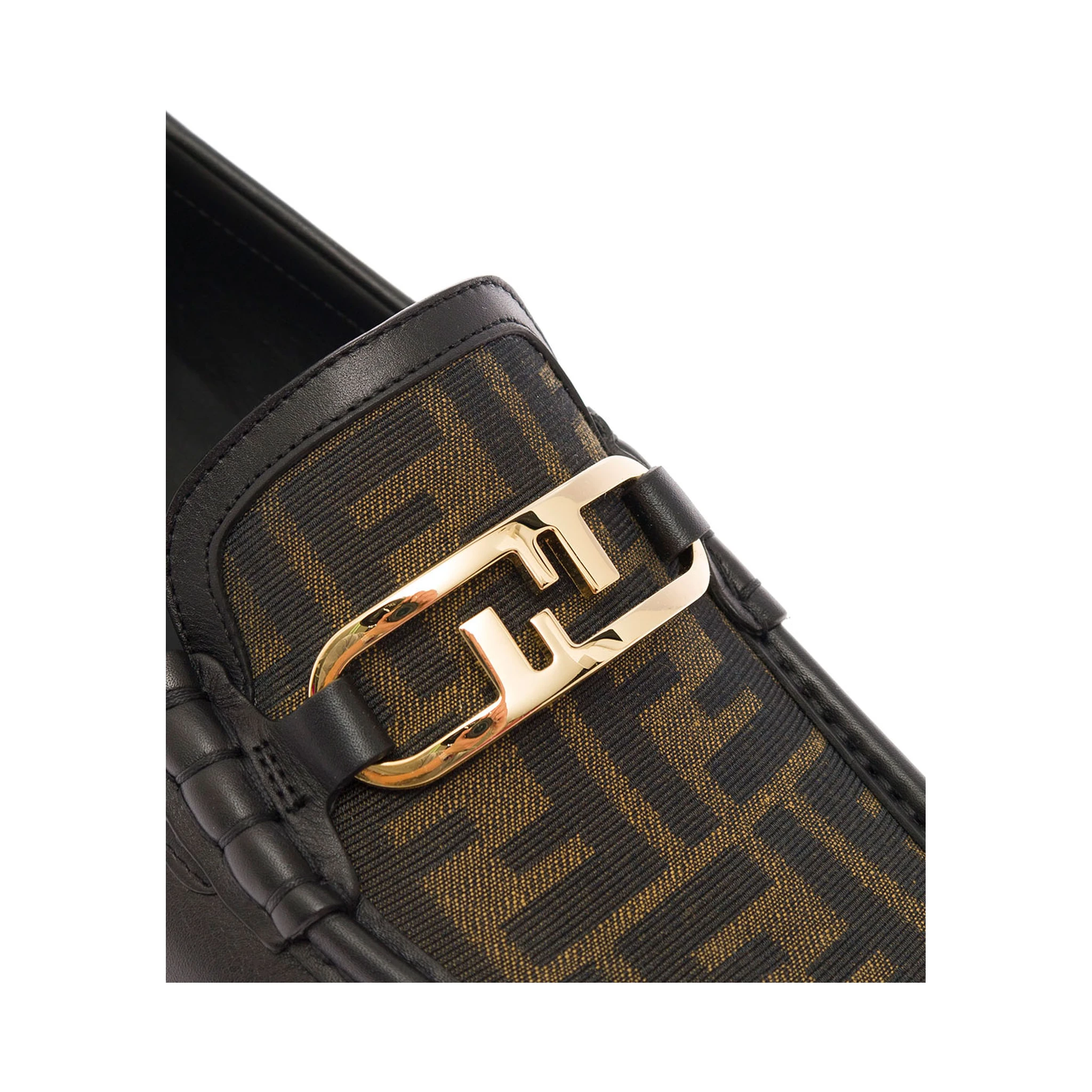 Black Loafers with FF Logo Plaque and All-Over FF Motif in Leather Man