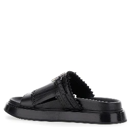 Black Sandals with Brogue T-Buckle Decorative Strap in Leather Woman