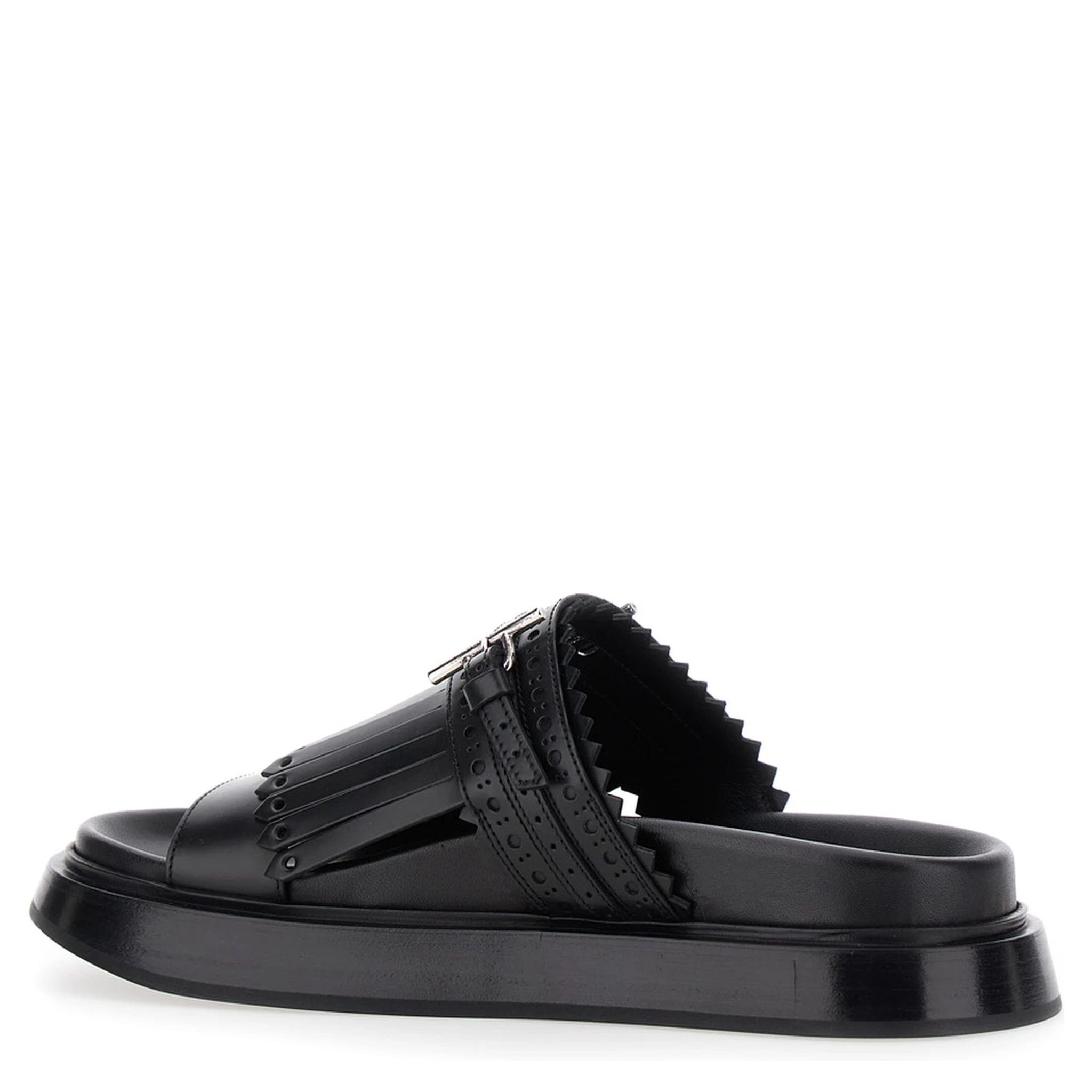 Black Sandals with Brogue T-Buckle Decorative Strap in Leather Woman