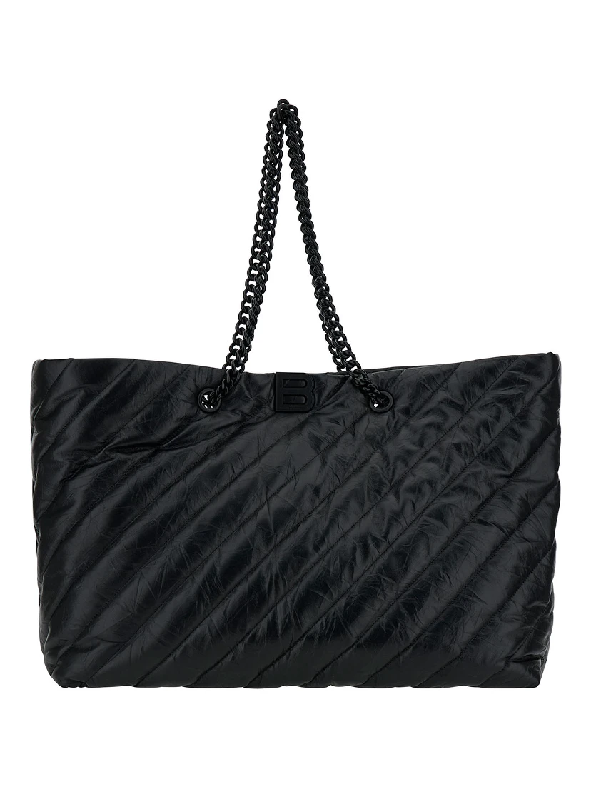 Big Carry All Crush Black Tote Bag with B Logo Detail in Quilted Leather Woman