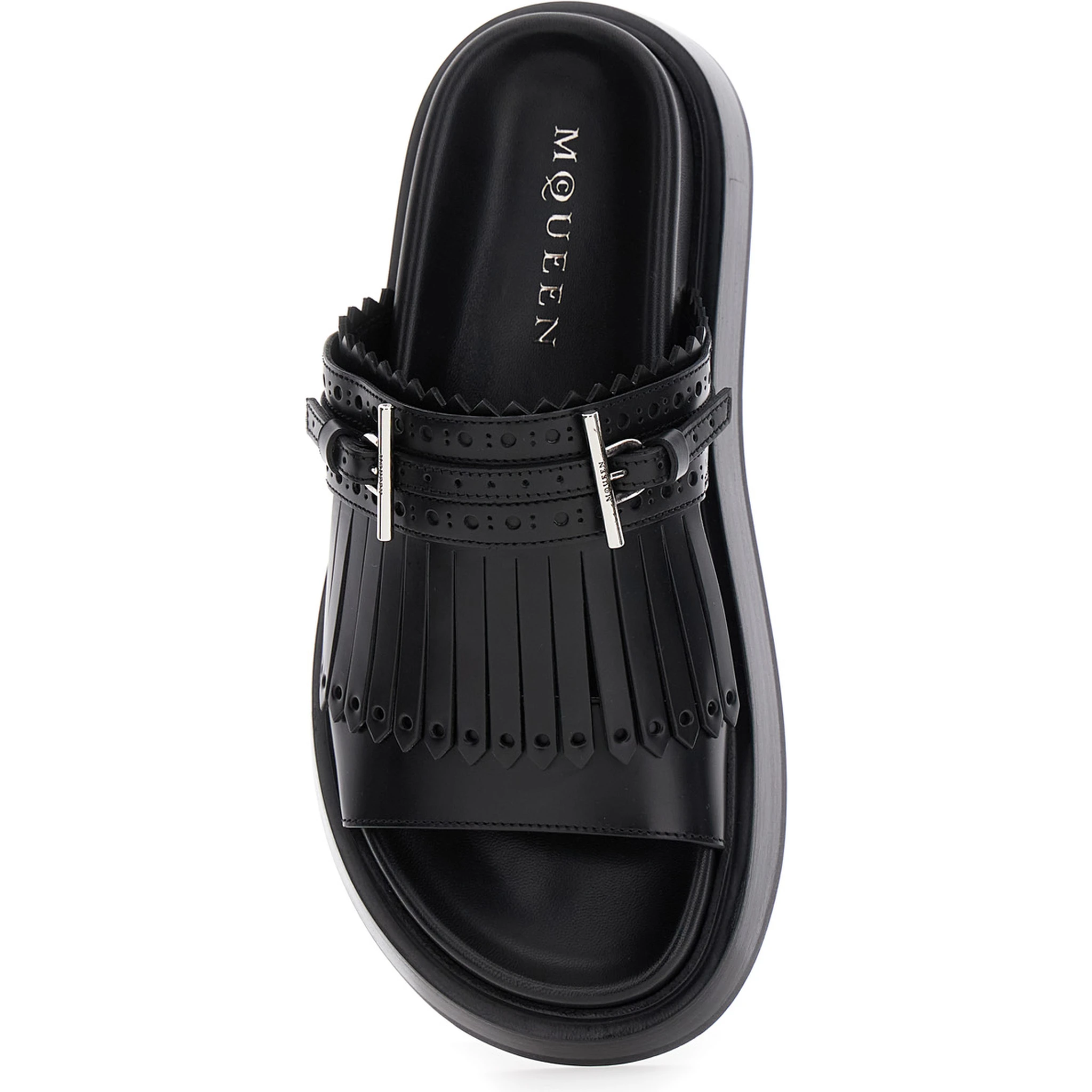 Black Sandals with Brogue T-Buckle Decorative Strap in Leather Woman