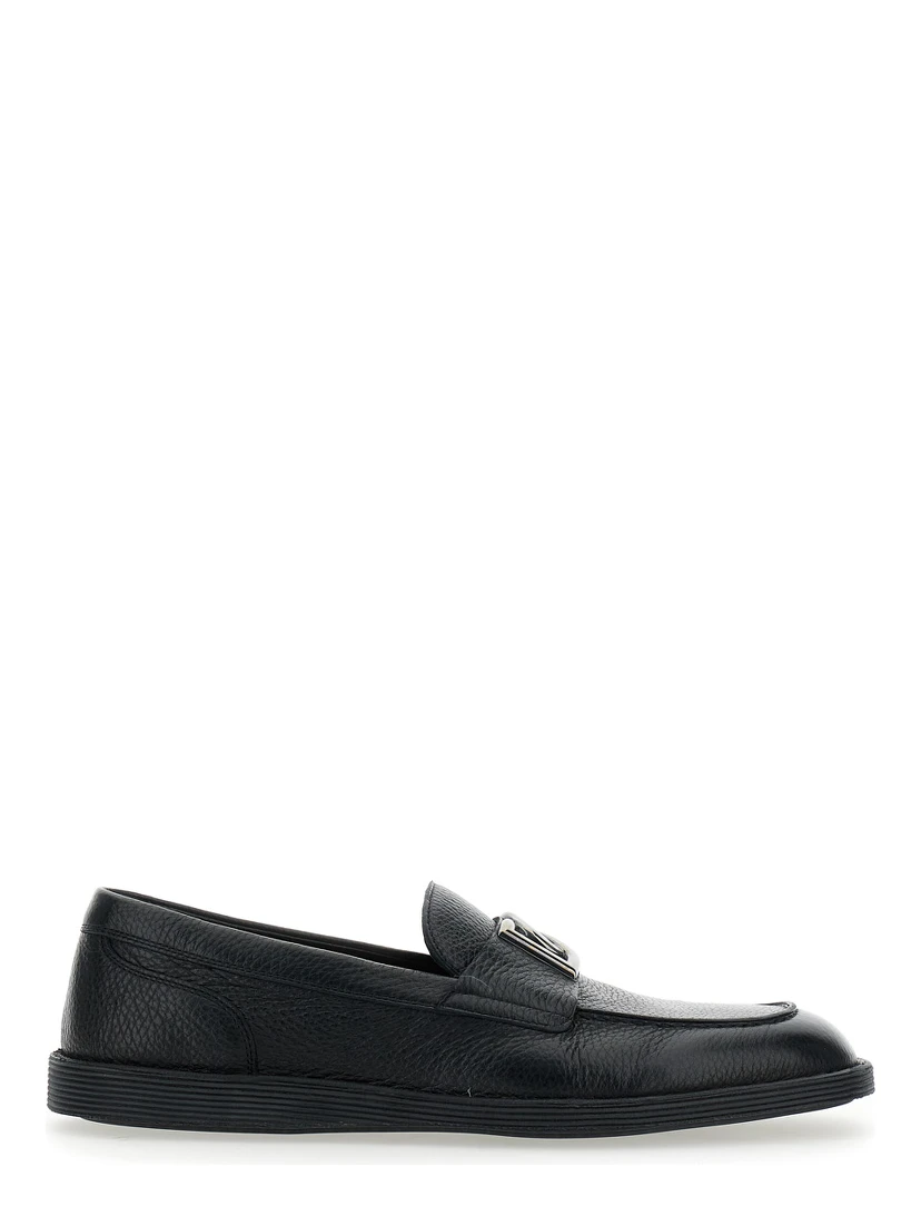 Florio Black Loafers with DG Plaque on the Front in Grained Leather Man