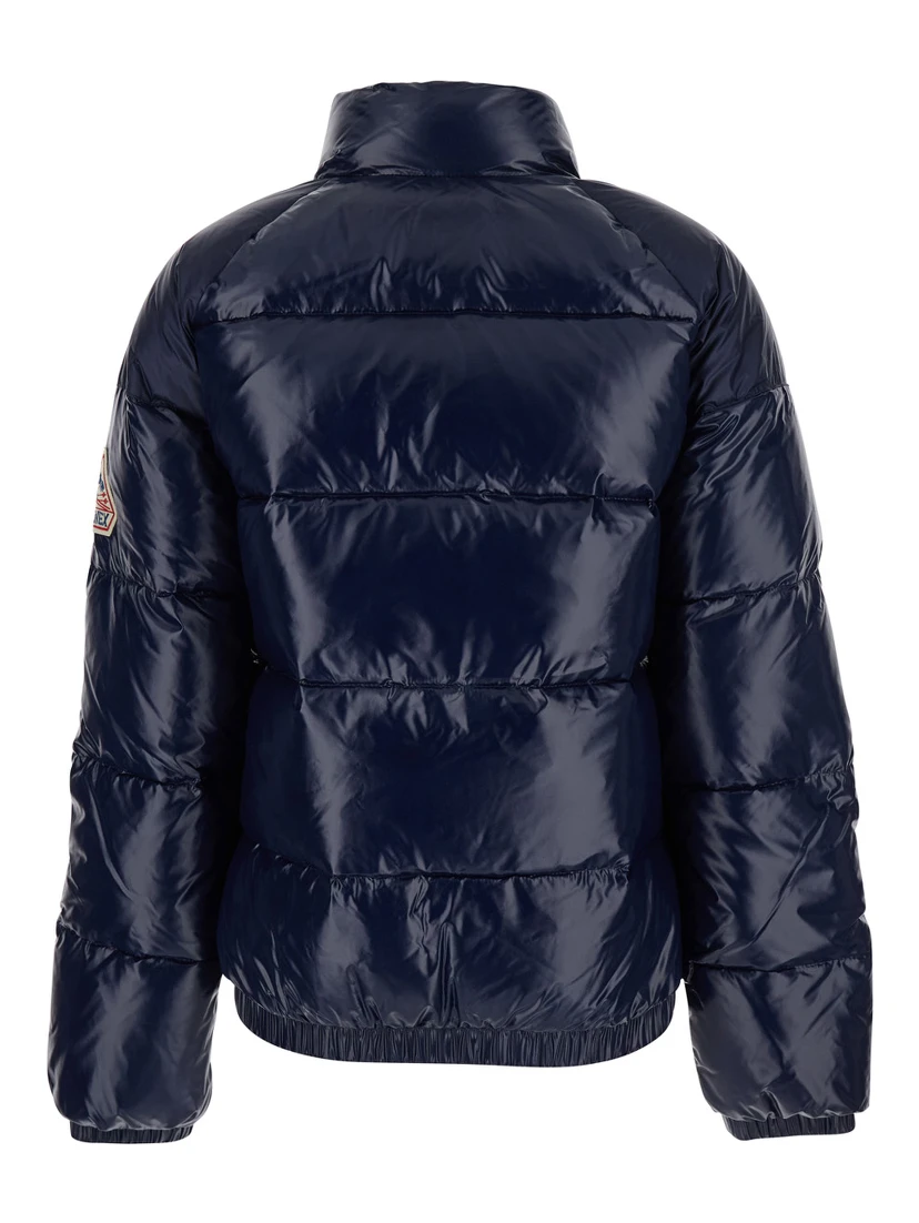 Vintage Mythic Blue Down Jacket with Stand-Up Collar and Logo Patch on the Sleeve in Tech Fabric Unisex