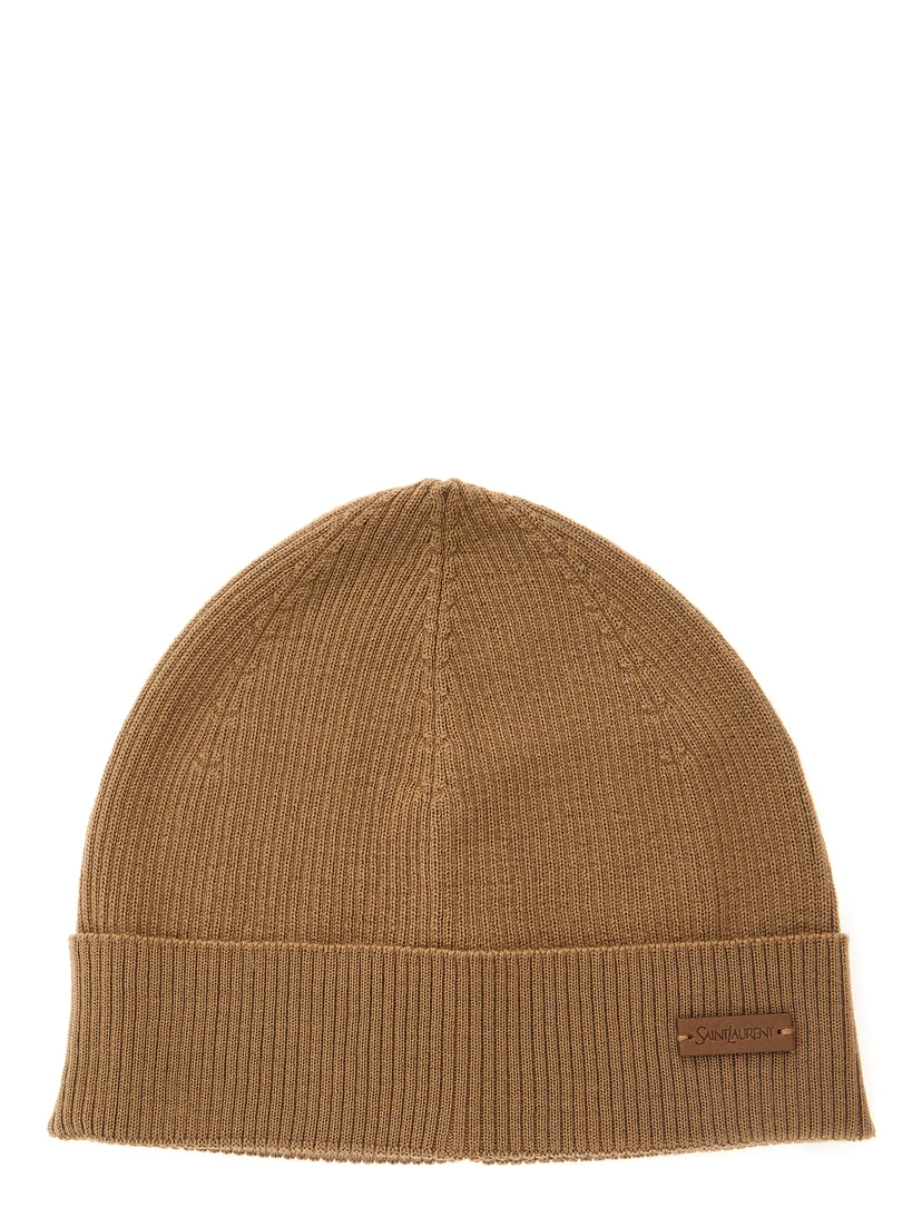Beige Knit Beanie with Logo Patch on the Front in Wool Woman