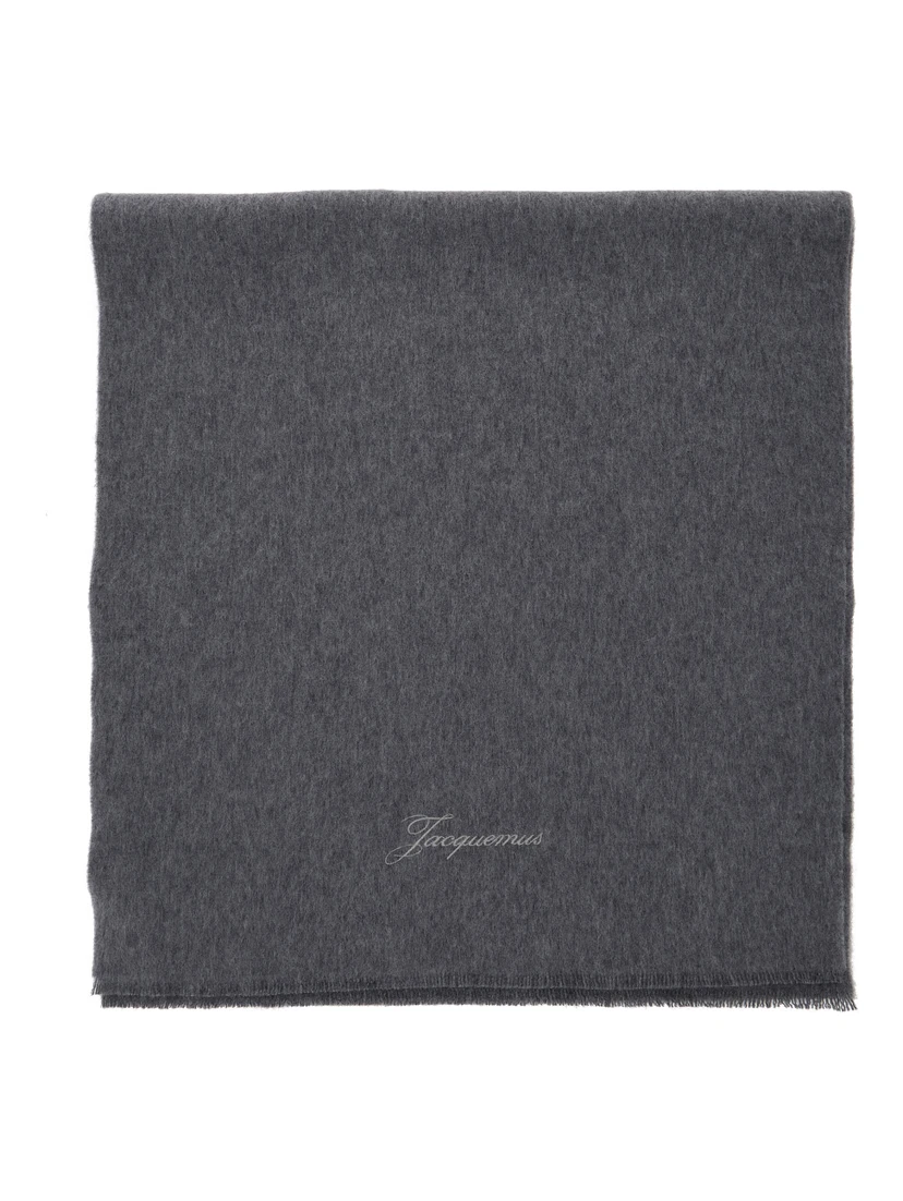 Grey Rectangular Scarf with Logo Lettering on the Front in Wool and Cashmere Woman