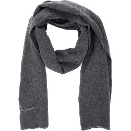 Grey Rectangular Scarf with Logo Lettering on the Front in Wool and Cashmere Woman
