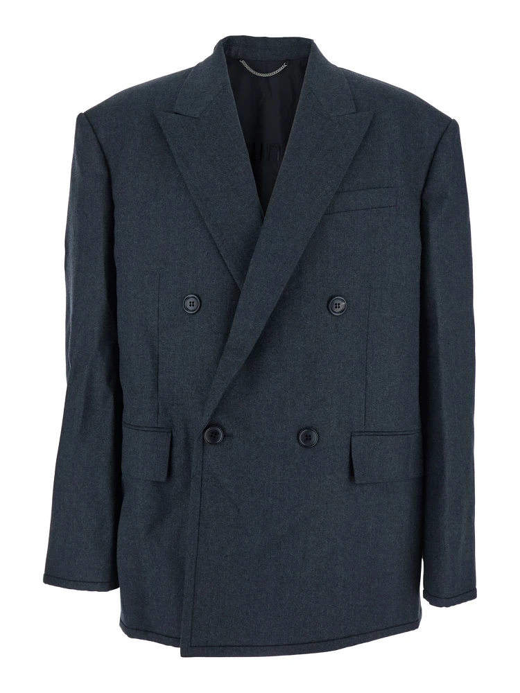 Grey Double-breasted Jacket with Peaked Revers and Patch Pockets on Front in Wool Man