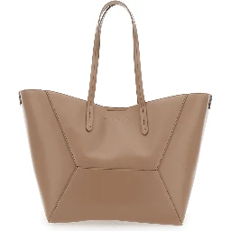 Beige Tote Bag with Logo Lettering on the Front and Geometric Panels Design in Leather Woman