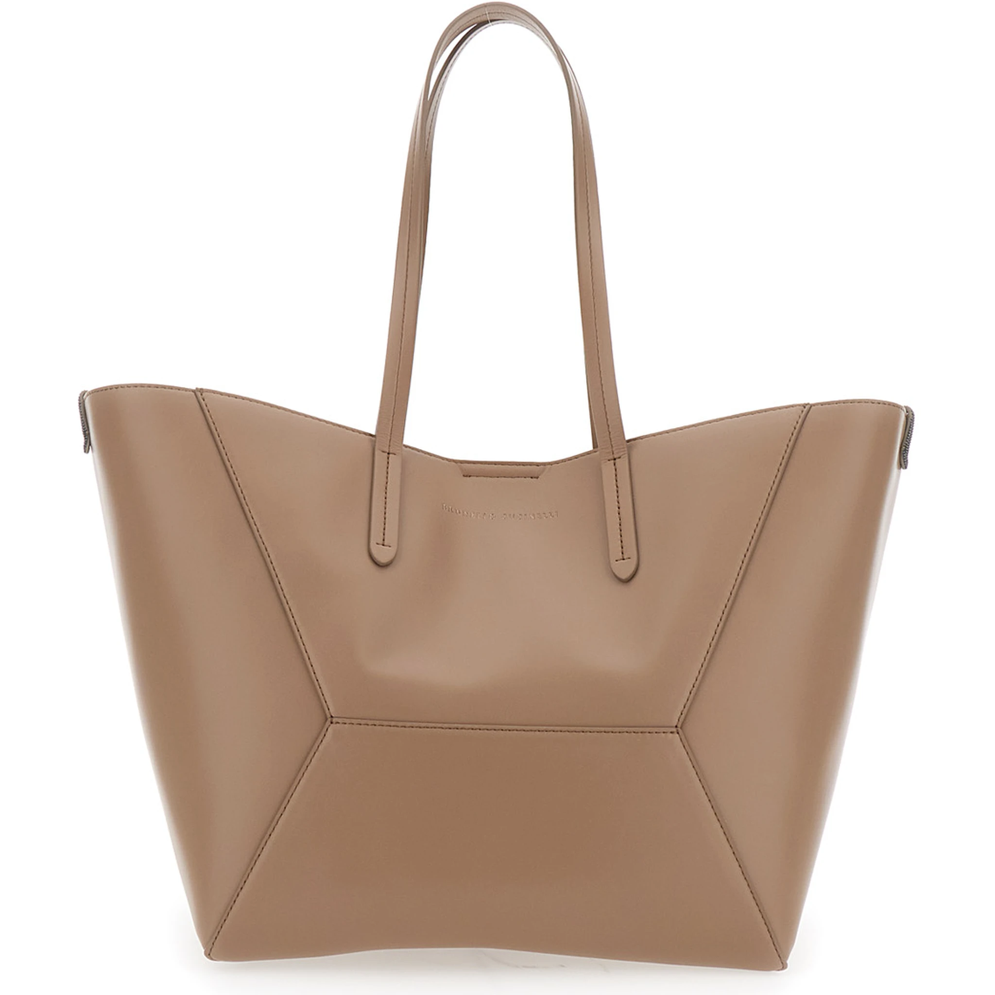Beige Tote Bag with Logo Lettering on the Front and Geometric Panels Design in Leather Woman