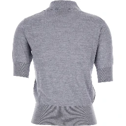 Grey Polo Shirt with Classic Collar and Logo Embroidery on the Front in Wool and Silk Woman