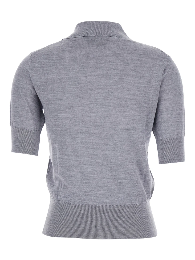 Grey Polo Shirt with Classic Collar and Logo Embroidery on the Front in Wool and Silk Woman