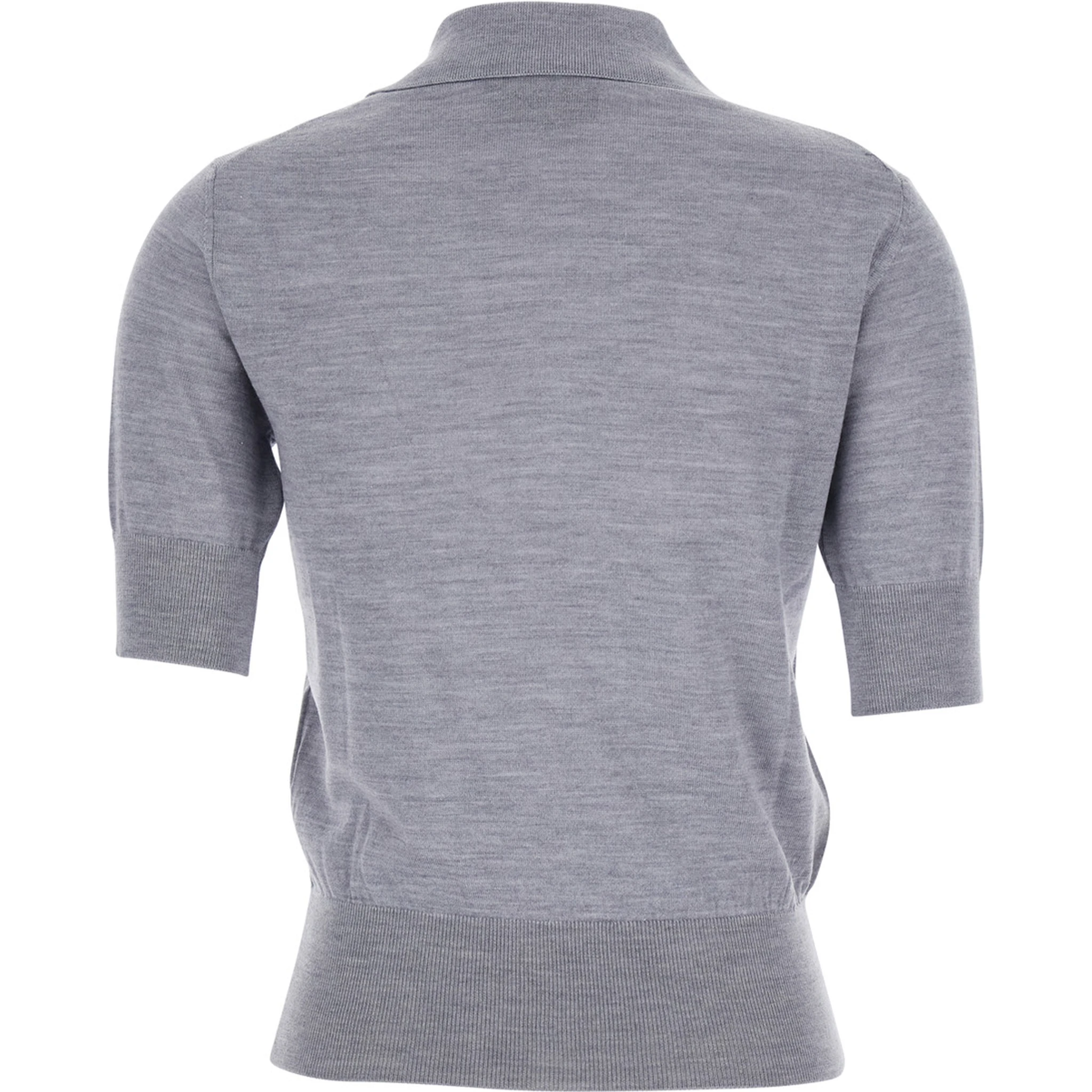 Grey Polo Shirt with Classic Collar and Logo Embroidery on the Front in Wool and Silk Woman