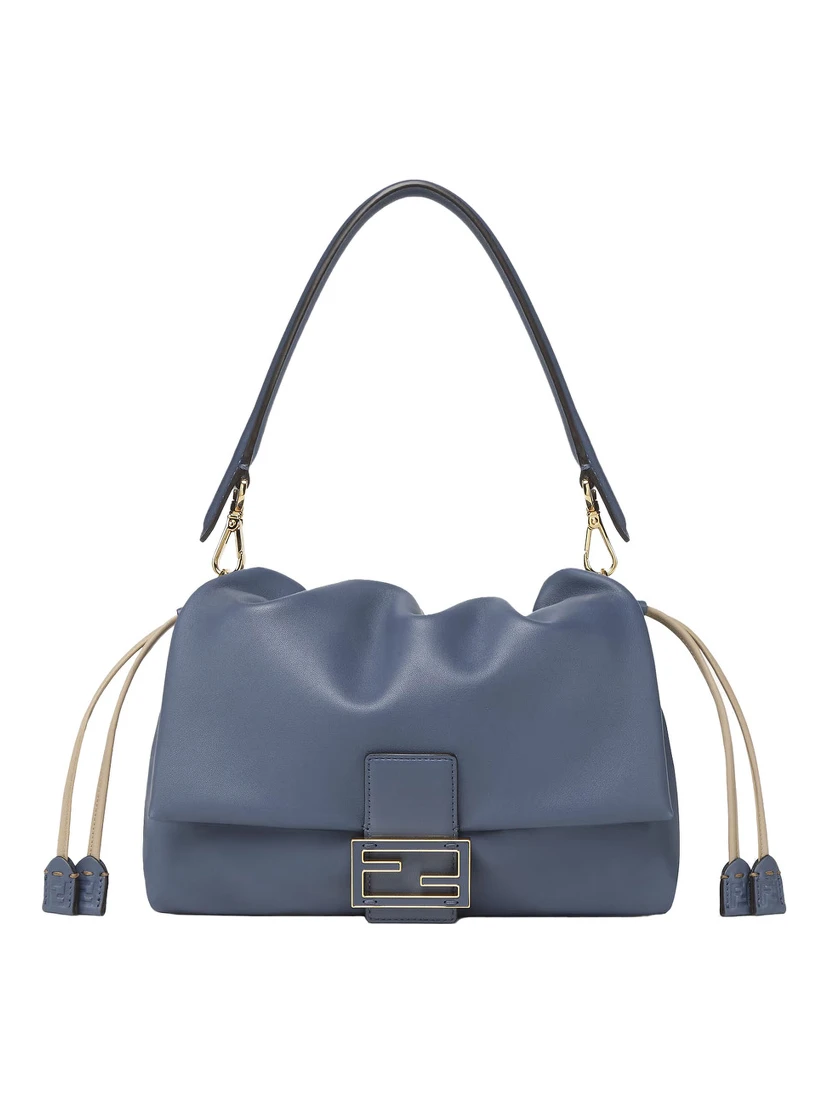 Mamma Baguette Medium Blue Shoulder Bag with FF Closure on the Front in Leather Woman
