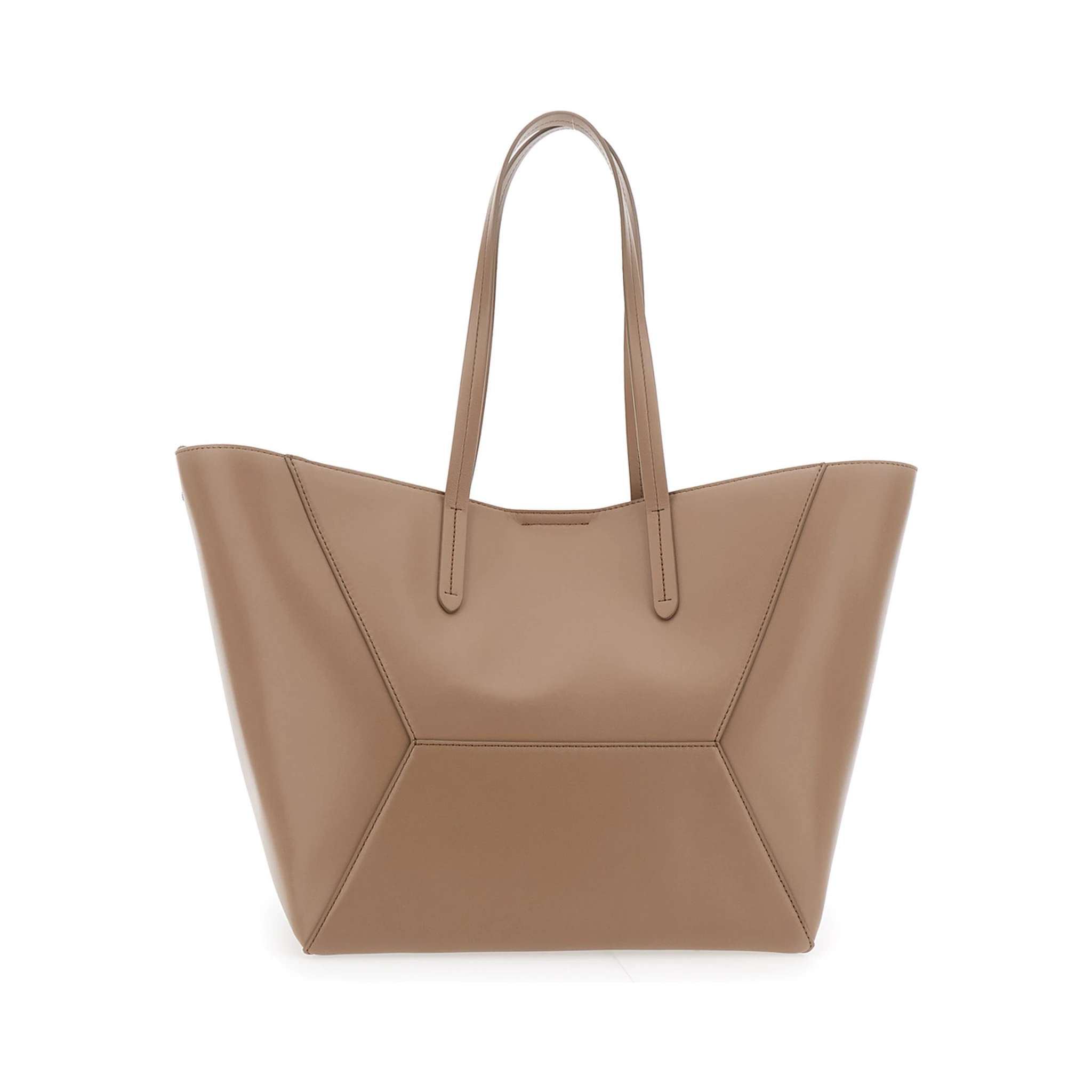 Beige Tote Bag with Logo Lettering on the Front and Geometric Panels Design in Leather Woman