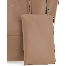 Beige Tote Bag with Logo Lettering on the Front and Geometric Panels Design in Leather Woman