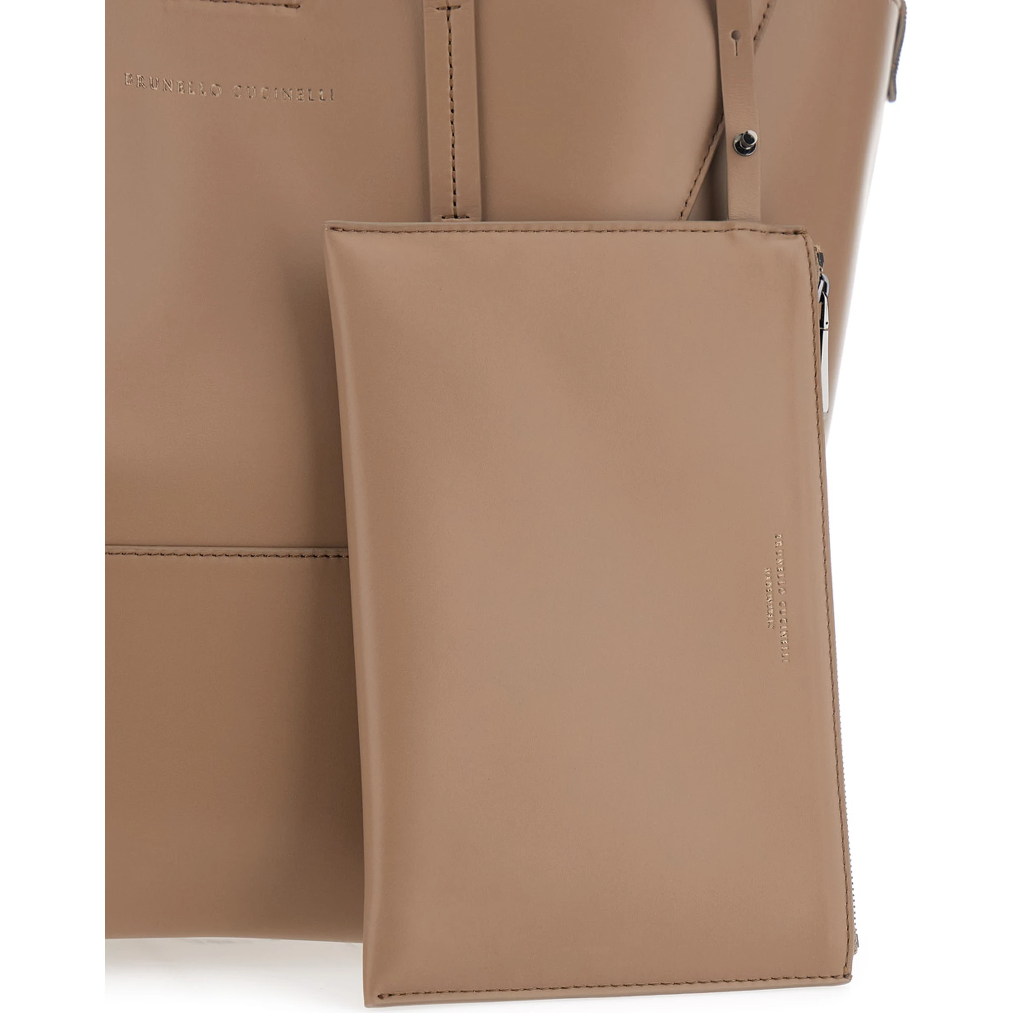 Beige Tote Bag with Logo Lettering on the Front and Geometric Panels Design in Leather Woman