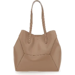 Beige Tote Bag with Logo Lettering on the Front and Geometric Panels Design in Leather Woman