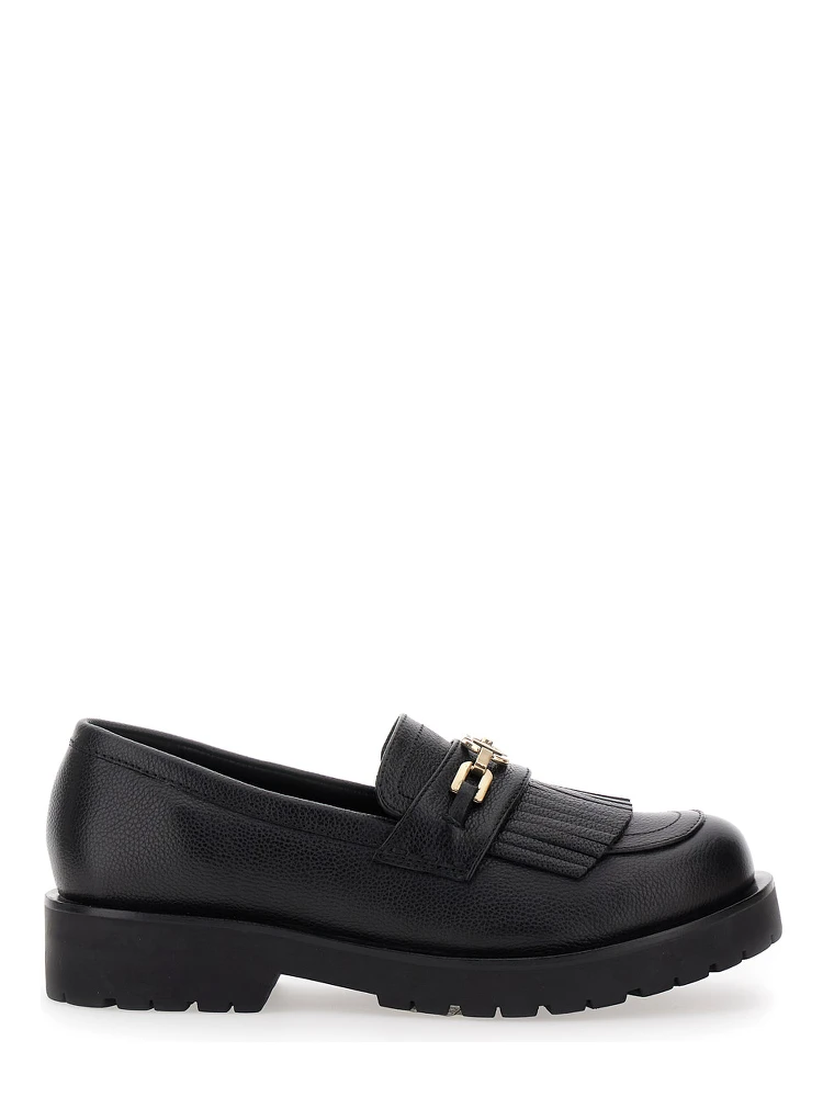 Black Loafers with Platform and Metallic Logo in Leather Woman