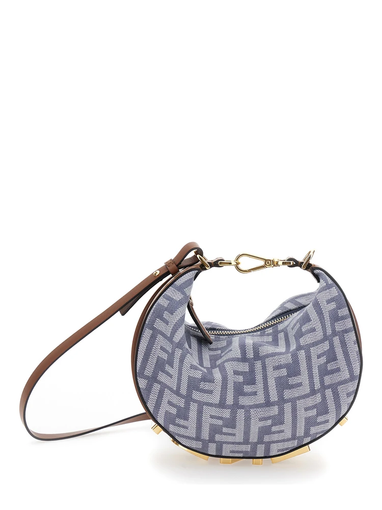 Fendigraphy Blue Mini Handbag with Logo Lettering and All-Over FF Motif in Cotton Blend Woman